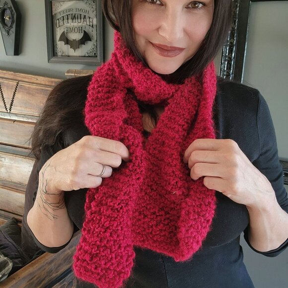 Knit Scarf, Chunky Red Boucle Yarn, "Crimson" OOAK One Of A Kind Cozy Goth Style - Picture 6 of 10
